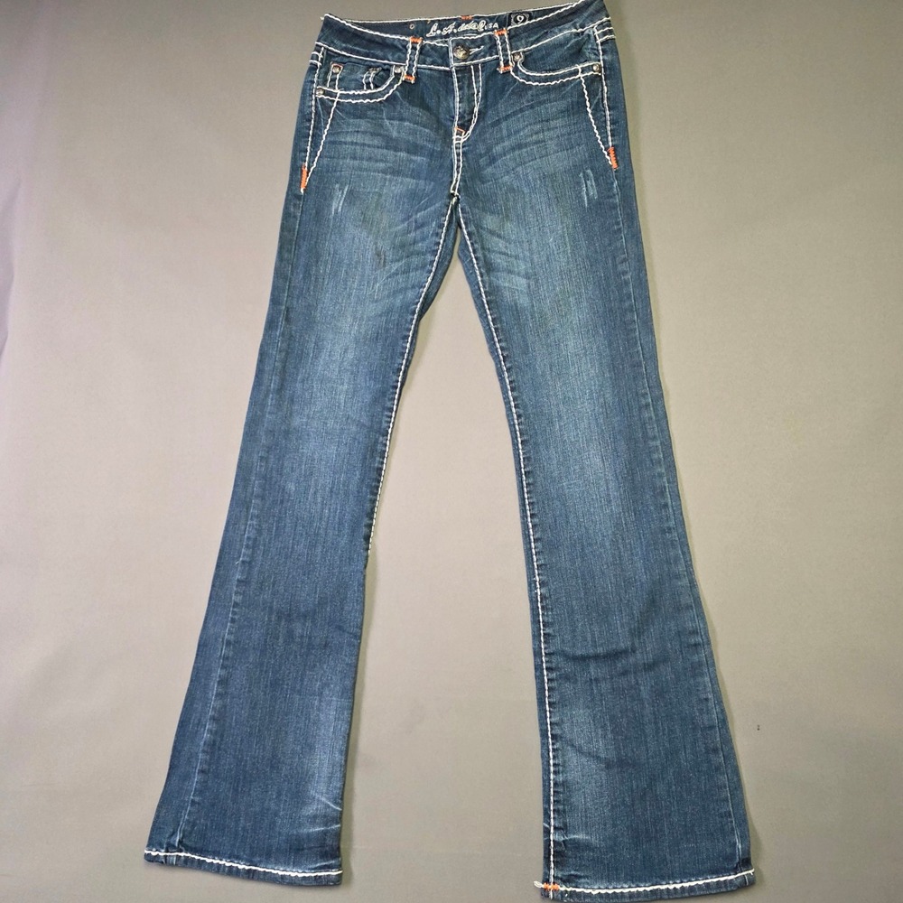 LA Idol USA Womens Bootcut Jeans Blue Thick Stitch Embroidered Pocket Size 9